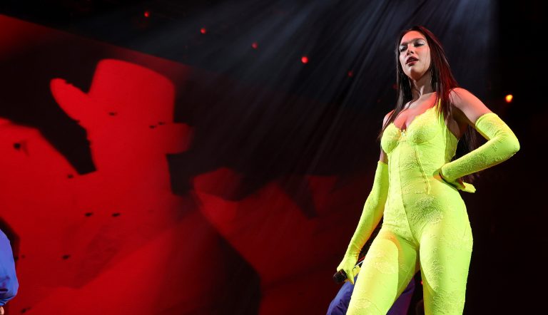 Recording artist Dua Lipa performs during a stop of her Future Nostalgia tour at T-Mobile Arena