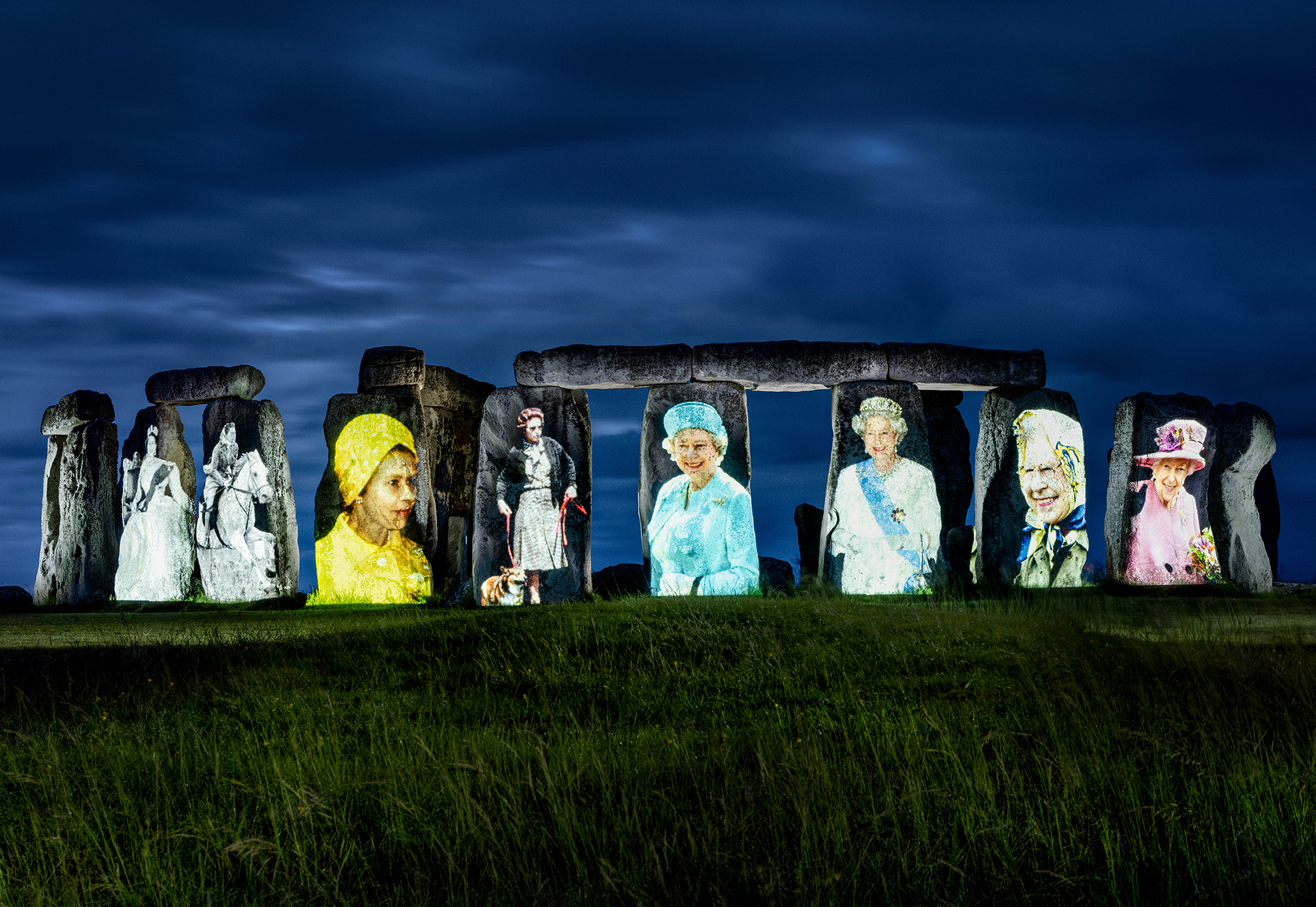Queen Elizabeth projected onto stonehenge