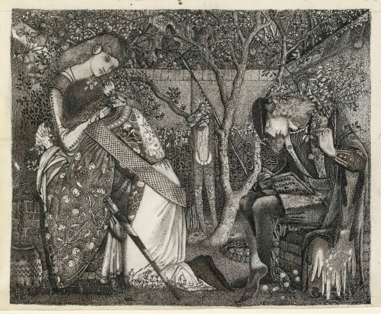 Sir Edward Coley Burne-Jones (1833–98) The Knight’s Farewell, 1858 Pen and black ink over graphite on vellum, 17.6 × 24.2 cm