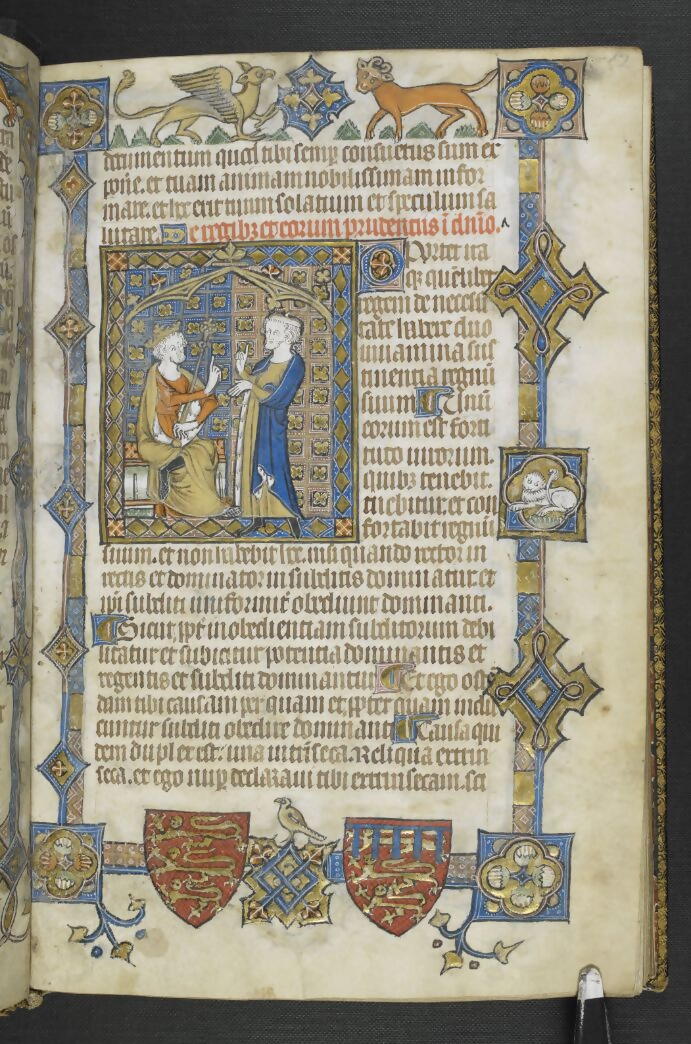 Aristotle instructing Alexander with a full bar border c British Library