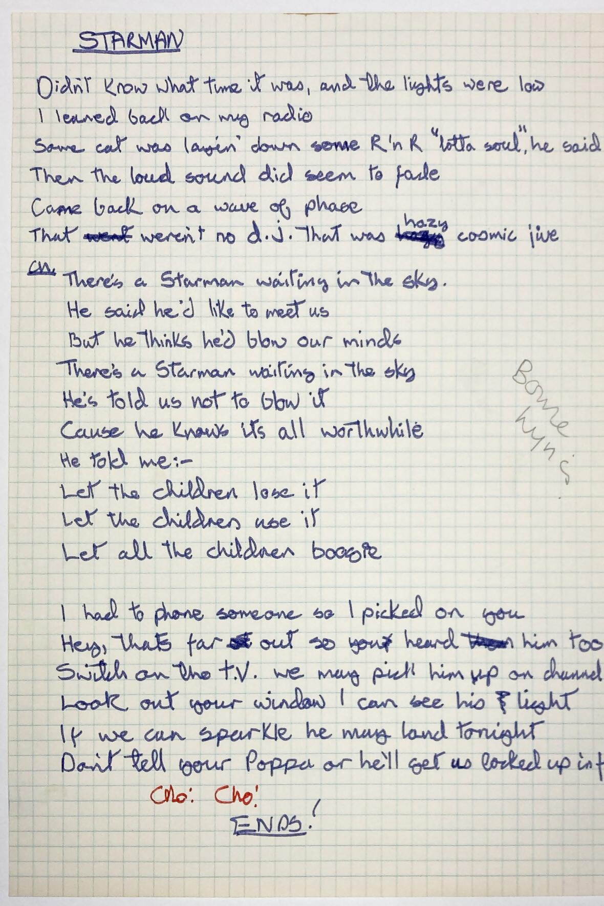 David Bowie Starman handwritten lyrics