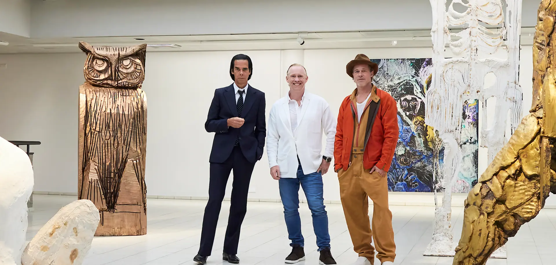 Nick Cave, Thomas Houseago and Brad Pitt at the Sara Hilden Art Museum in Tampere, Finland Photo Jussi Koivunen