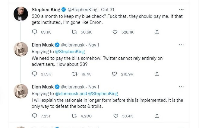 Stephen King and Elon Musk Twitter exchange