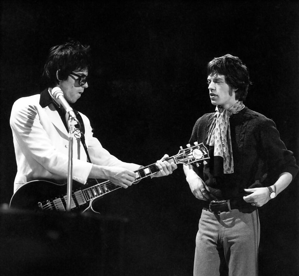 Mick Jagger and Keith Richards of The Rolling Stones perform on the set of the show Top Of The Pops at Lime Grove Studios in London on 25th January 1967
