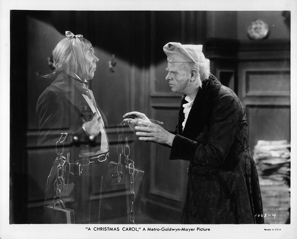 christmas ghosts Reginald Owen with ghost in a scene from the film 'A Christmas Carol', 1938. (Photo by Metro-Goldwyn-MayerGetty Images)