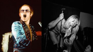 Iggy Pop performing live on stage with The Stooges in the early 1970s and Elton John