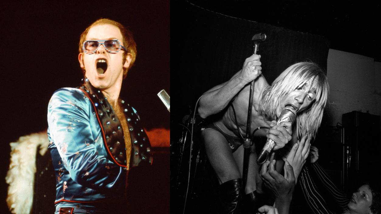 Iggy Pop performing live on stage with The Stooges in the early 1970s and Elton John