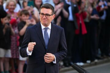 Andy Burnham, Prime Minister, pictured at a Westminster press event